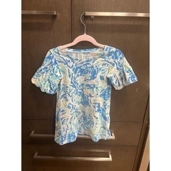 LILLY PULITZER Girl's Mini Lindell Dress Bennet Blue Shell Puff Sleeve XS 2-3
